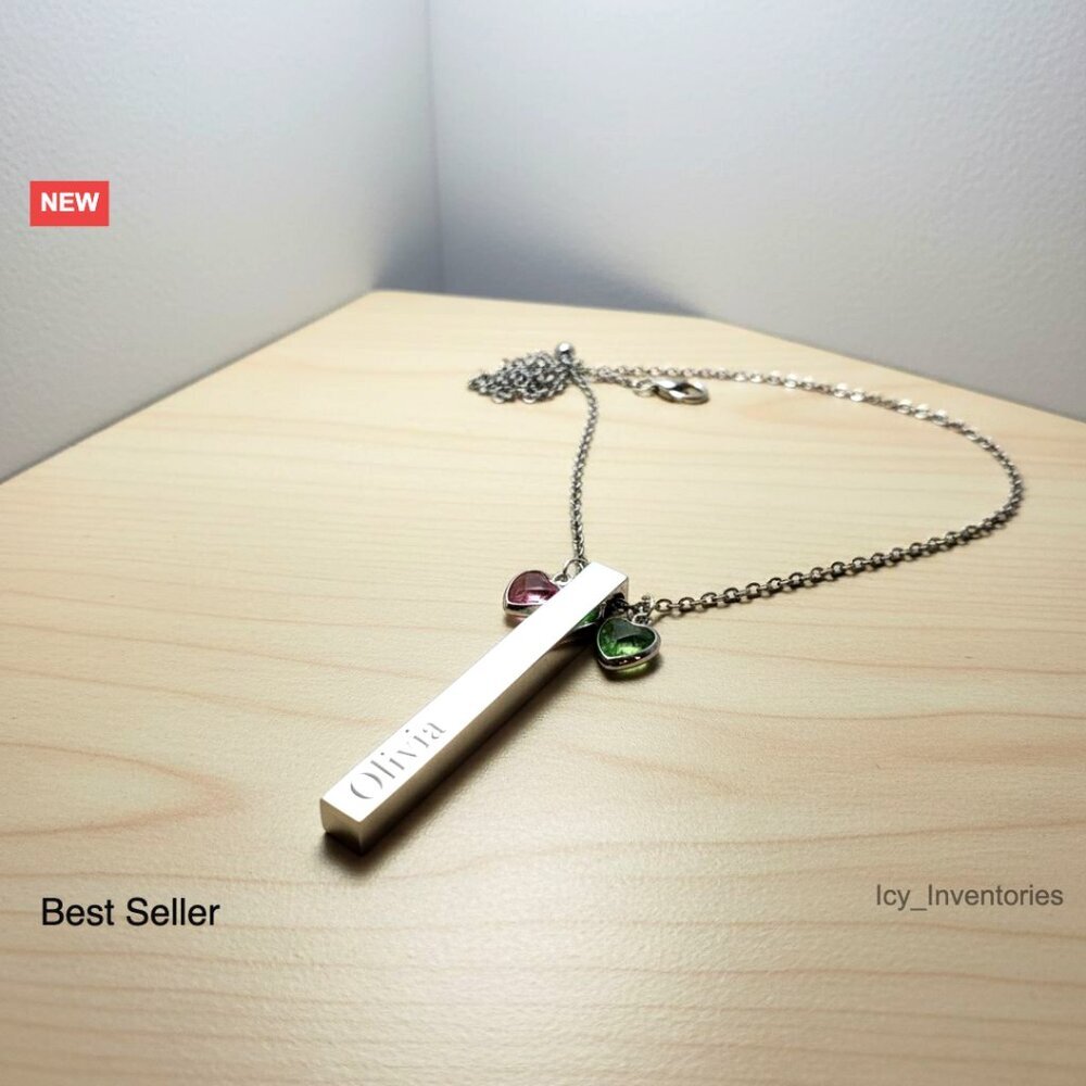 Personalized Birthstone Bar Necklace Engraved Name Pendant Sterling Silver